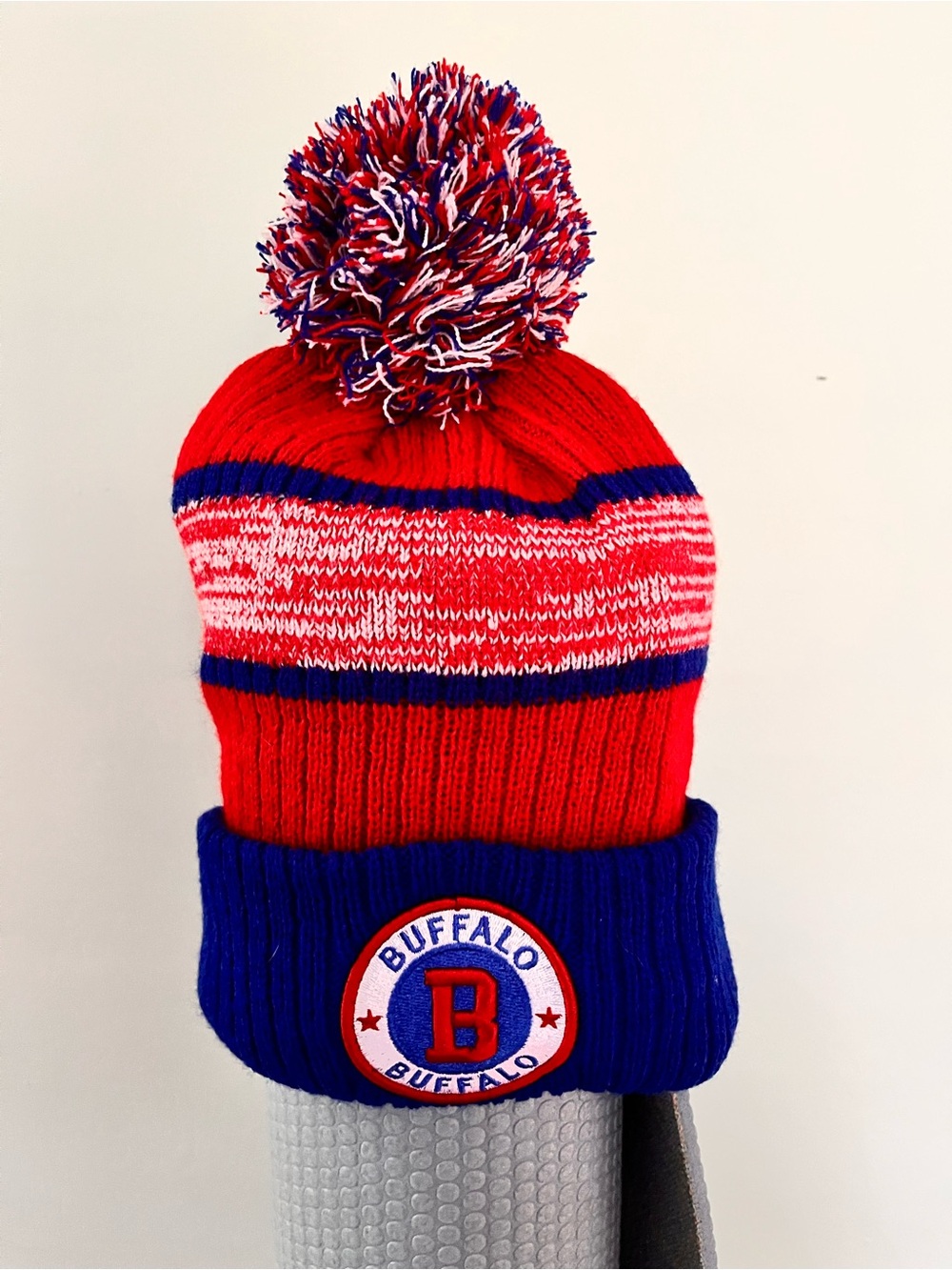 Buffalo Red, White & Blue Pom-Pom Knit Beanie